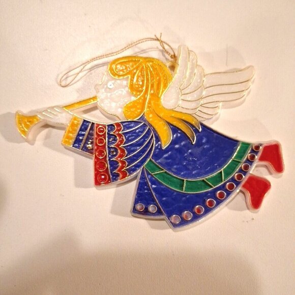 Angel Playing Trumpet Flat Plastic Hanging Christmas Ornament Vintage Hong Kong - Picture 6 of 6